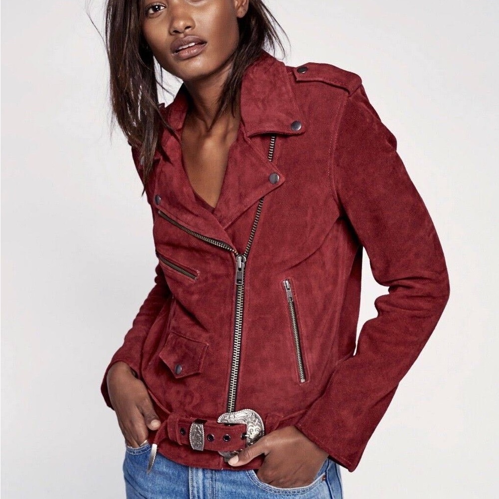 SUEDE LEATHER FREE PEOPLE X UNDERSTATED BIKER MOTO WINE JACKET SZ MED